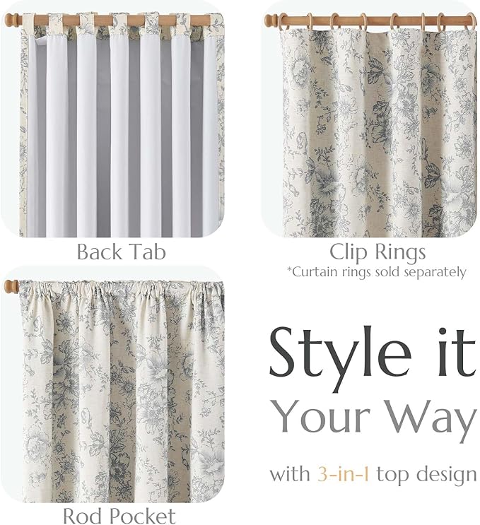 jinchan Blackout Linen Blend Curtain Gray Floral Blackout Curtains for Living Room 90 Inch Length Grey Printed with Lined Blackout Curtain for Bedroom Farmhouse Curtains Set 2 Panels