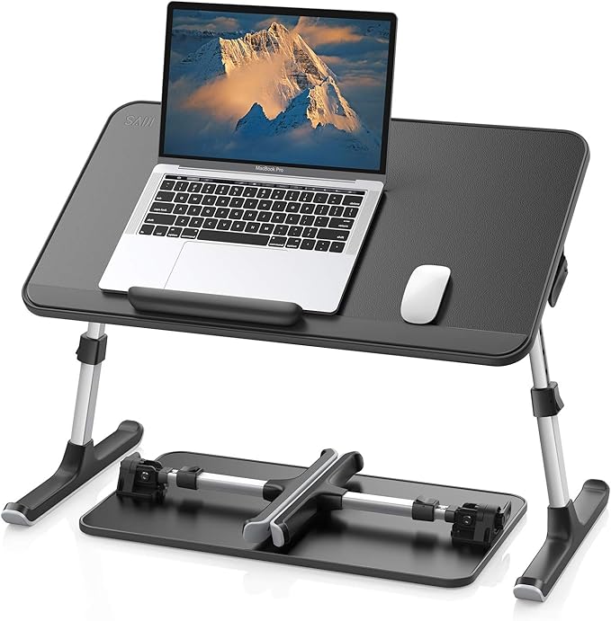SAIJI Leather Laptop Bed Tray Table, Adjustable Laptop Stand with Removable Stopper, Portable Lap Desks with Foldable Legs, Notebook Stand Breakfast Reading Desk for Sofa Couch((Medium, Black)