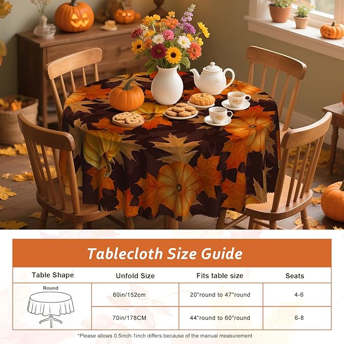 Eikione 60In Round Tablecloth, Pumpkin Table Cloth, Black Checkered Tablecloth Pumpkin Thanksgiving Day Tablecovers