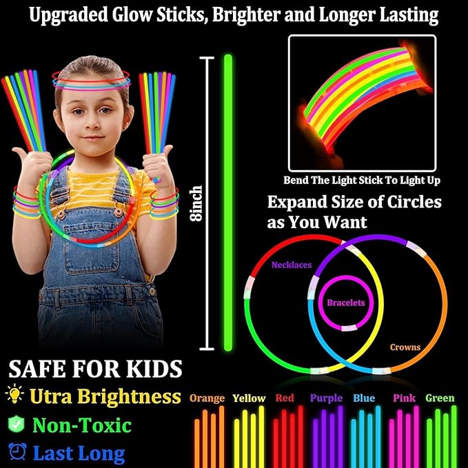 TURNMEON 240 Pack Ultra Bright New Year Eve Party Supplies Glow Sticks Bulk Party Pack Glow In The Dark Party Supplies Favors Glow Sticks Necklaces Bracelets with Connector 8" Glow stick Light Up