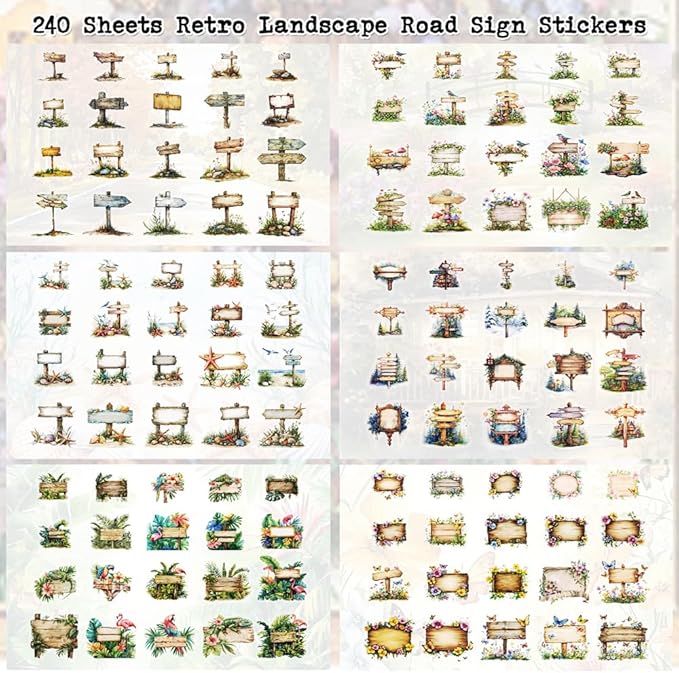 240 Sheets Retro Wood Road Sign Stickers for Journaling, 6 Pack Assorted Designs Decorative Transparent PET Stickers for Scrapbooking, Junk Journals, Collage, DIY Crafts Arts
