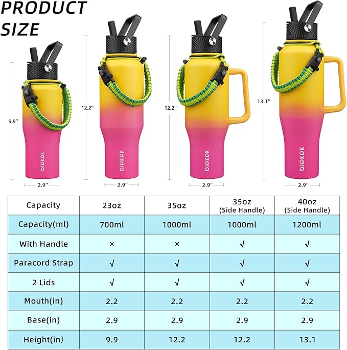 BJPKPK Insulated Water Bottles with Straw Lid, 23oz Metal Water Bottle with 2 lids & Paracord Strap, Double Wall Stainless Steel Vacuum Tumblers, Cups,Thermo for Hot& Cold Drinks, Pink & Yellow Rose