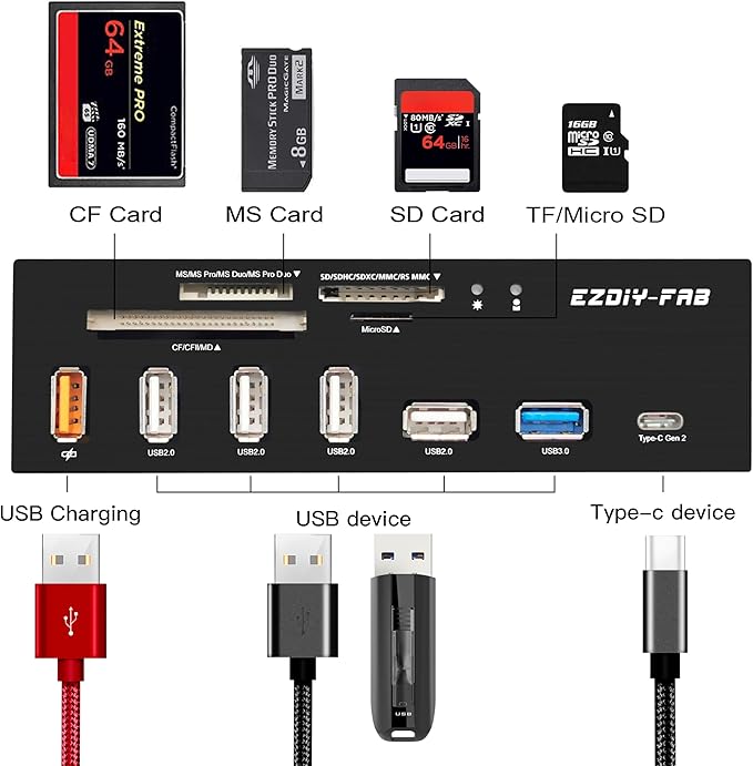 EZDIY-FAB PC Front Panel Internal Card Reader USB HUB, USB 3.1 Gen2 Type-C Port,USB 3.0 Support SD MS XD CF TF Card for Computer, Fits Any 5.25" Computer Case Front Bay
