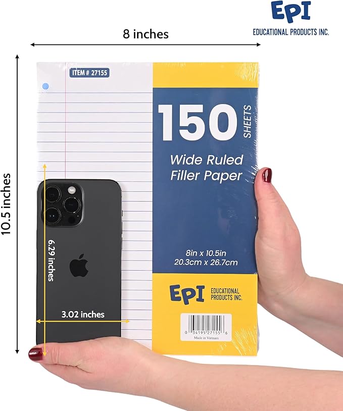 EPI Filler Paper | Wide Ruled | Loose Leaf, 3-Hole Punched, 10.5 x 8 in, 150 Sheets | School, Office, Notes, Binder Refill - 6 Pack