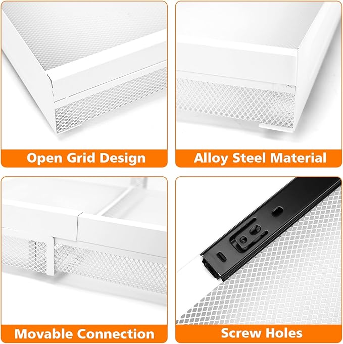 Hisencn Pull Out Cabinet Organizer, Expandable Width 13.9"-22", 21.8" Deep Heavy Duty Slide Out Drawer for Kitchen Cabinets, No Drill Roll Out Shelves with Adhesive Nano Film (White)