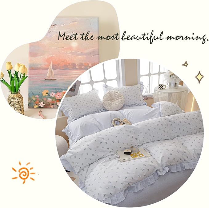 LifeTB Ruffle Duvet Cover Chic Floral Lace Duvet Cover Twin Cute Blue Flower Comforter Cover Girls Princess Lace Bedding Cover Botanical Floral Comforter Cover Ruffle Cottagecore Bedding Set Twin