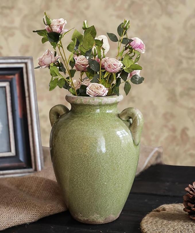 8 Inch Vintage Ceramic Vase, Rustic Chinoiserie Flower Vase Farmhouse Decorative Vases for Home Decor, Ice Cracked Glazed Terracotta Vases for Table Centerpiece Living Room Shelf Decor