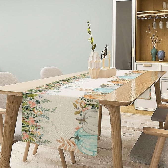 Fall Table Runner Blue Pumpkin Colorful Eucalyptus Leaves Thanksgiving Orange Green Watercolor Illustration Decor for Farmhouse Indoor Outdoor Party Holiday Dining Kitchen Restaurant Cafe W13xL120in