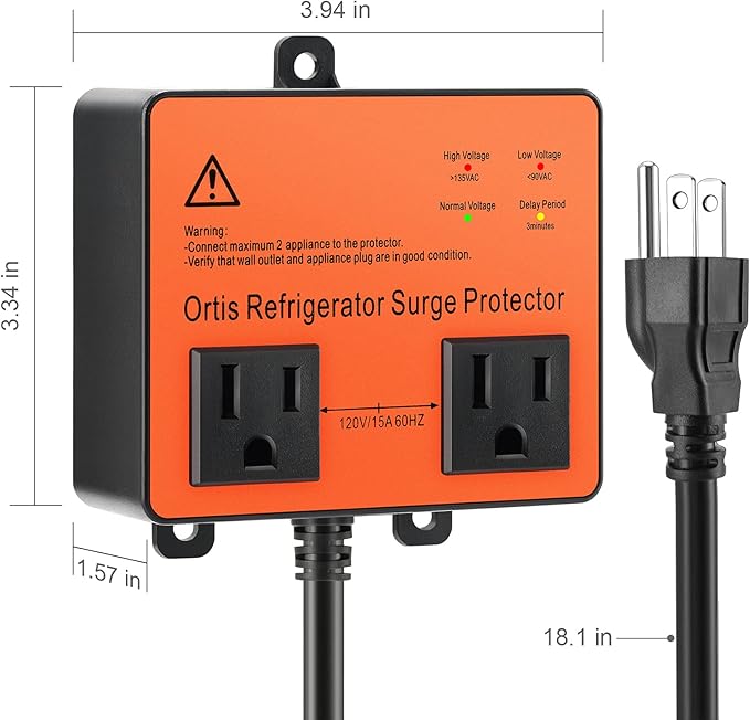 Refrigerator Surge Protector, Ortis Double Outlet Voltage Protector for Home Appliances with Time Delay, Protects Against Brownout, Spike, Instant Surge All Voltage Abnormalities, black