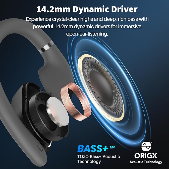 TOZO OpenWear Open Ear Headphones, Adjustable Ear Hooks, Ultra Comfort, Punchy Bass Bluetooth Headphones 5.4 with Smart Digital Display, Immersive Audio Earbuds, Fast Charging for Running, Office