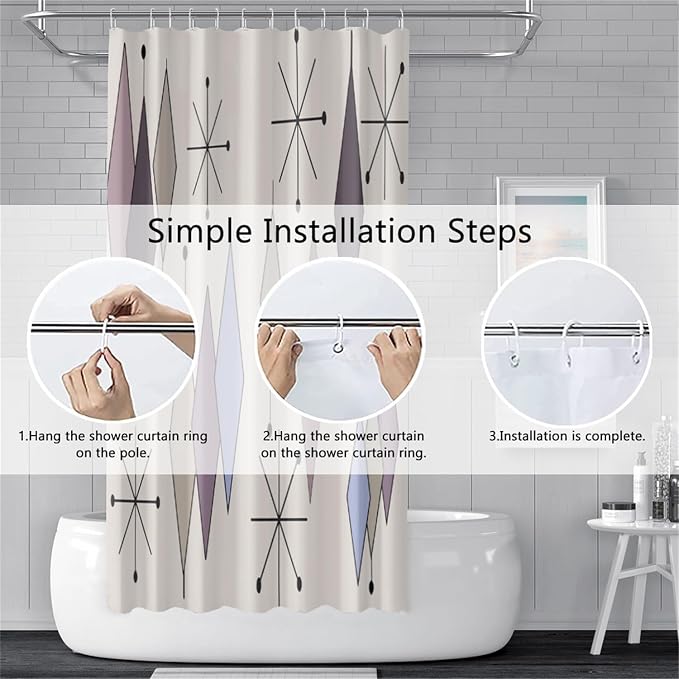 Mid Century Shower Curtain Abstract Purple Diamond Geometric Atomic Starburst Pattern Beige Backdrop for 1950s Retro Bathroom Decor Accessories Shower Curtain Set with 12 Hooks, 65x72 Inches