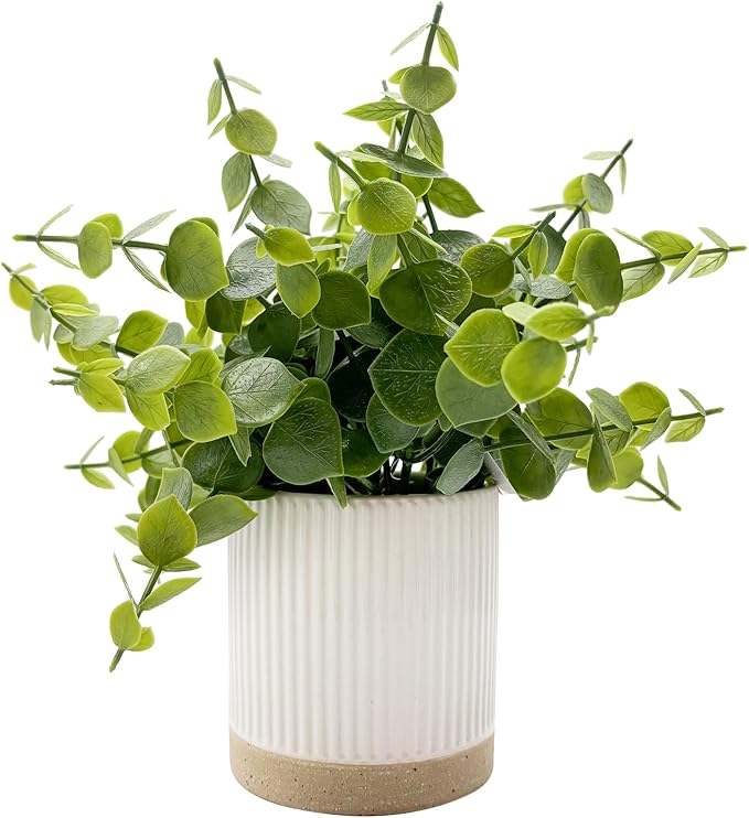 Coferset Small Fake Eucalyptus Potted Plants 9.5" Indoor Fake Plants Small Artificial Eucalyptus with Ceramic Pot-Realistic Greenery for Shelf Office Desk Home Bathroom Table Decor