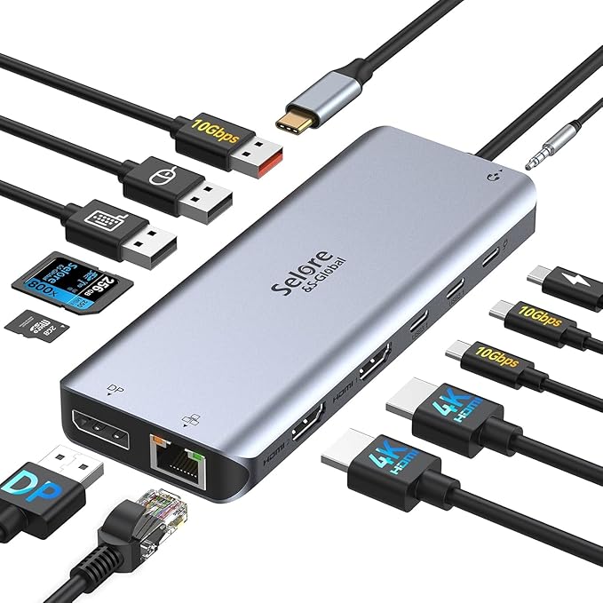 Selore USB C Docking Station Dual Monitor - 13-in-1 Triple Display 3 Monitors with Dual HDMI, DP, 100W PD, Gigabit Ethernet, 10Gbps USB A/C Ports -Laptop Docking Stations for Dell, HP, Lenovo, MacBook