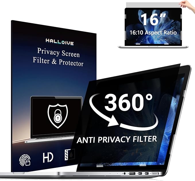 Halloive 4-Way Laptop Privacy Screen Shield 16 Inch 16:10 Aspect, Removable 360° Privacy Filter Screen Protector for 16 Inch Laptop Computer, Anti Glare Blue Light Slide Mount Tabs Cover