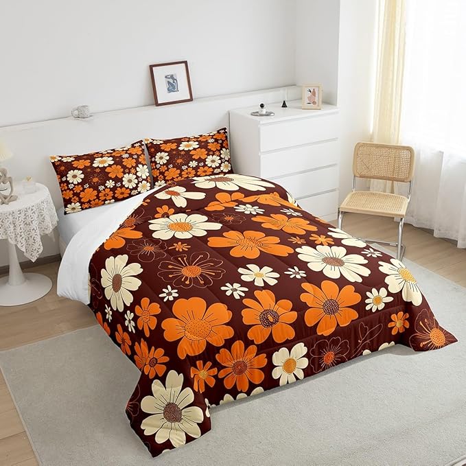 Castle Fairy 70s Groovy Flowers Bedding Comforters Queen Size,Hippie Retro Farmhouse Plant Comforter Set with 2 Pillowcases,Brown White Yellow Floral 3pcs Children Adult Duvet Set,Soft