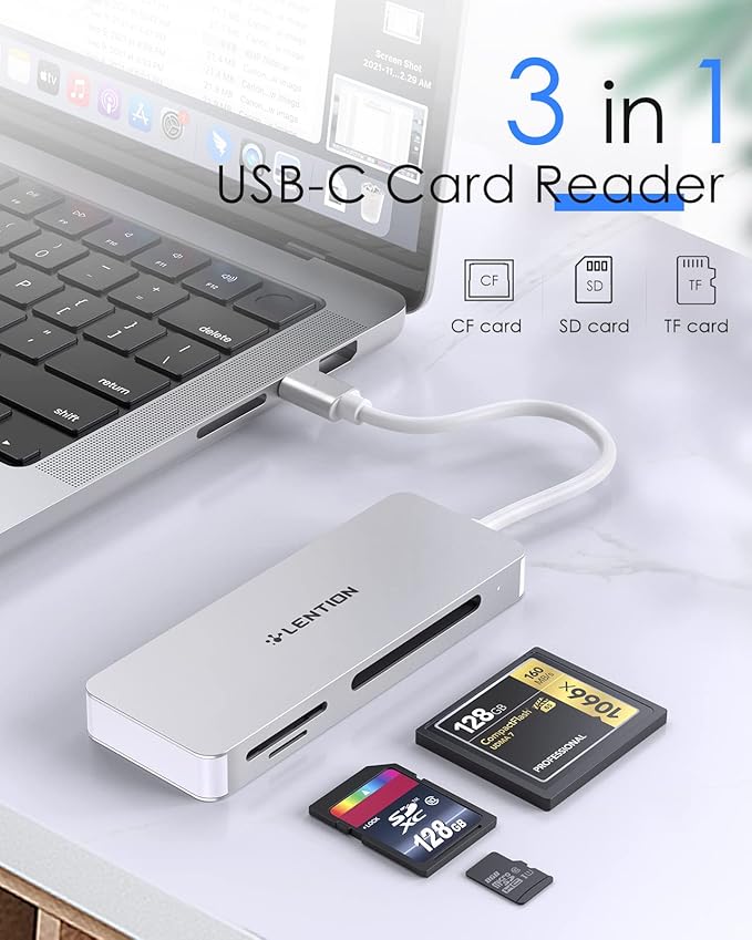 LENTION USB C to CF/SD/Micro SD Multi-Card Reader, SD 3.0 Card Adapter Compatible 2025-2016 MacBook Pro 13/15/16, 2025-2018 Mac Air/iPad Pro/Surface, More (CB-C12, Silver)