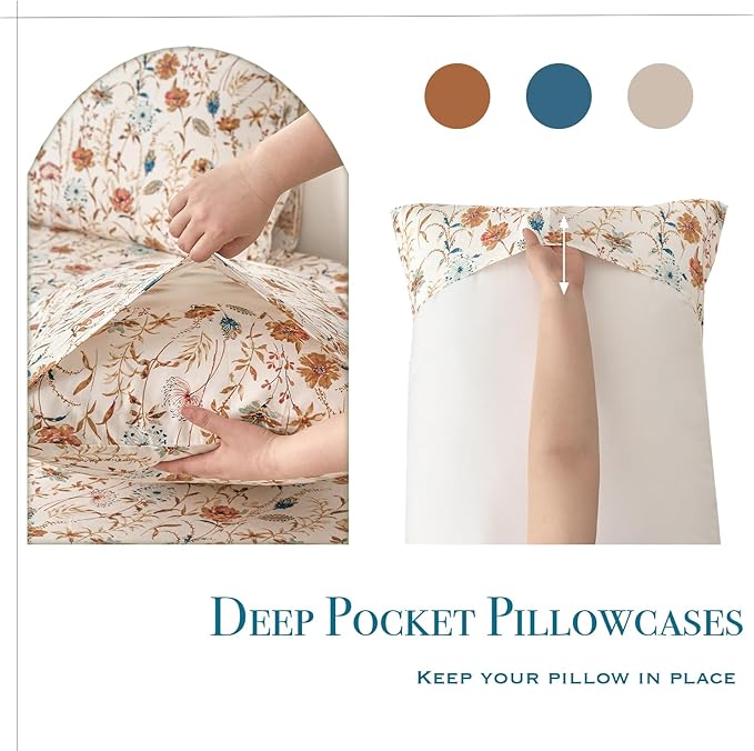 Zusbest King Sheets Set 100% Percale Cotton - Boho Floral Botanical Printed Bedding with Deep Pocket 17.5'', Vintage Burnt Orange & Teal Design, 4-Piece Soft Breathable Sheets