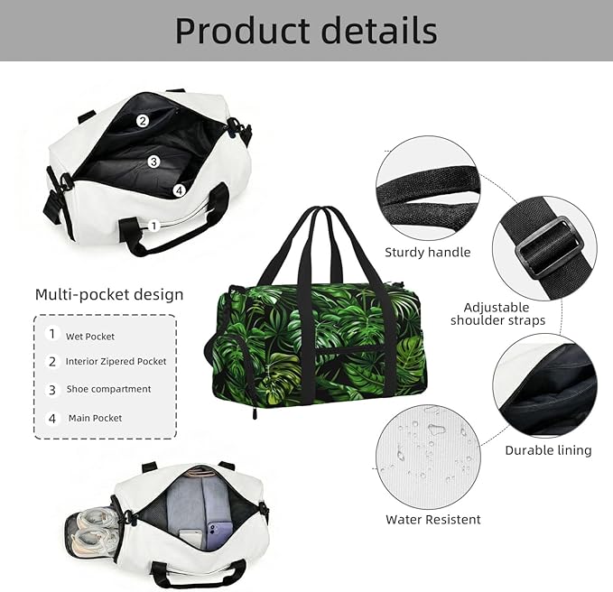 Sports Gym Bag Tropical Monstera Leaves Travel Duffel Bag With Shoe Compartment Shoulder Strap, Lightweight Water-Resistant Weekend Overnight Totes For Women Men