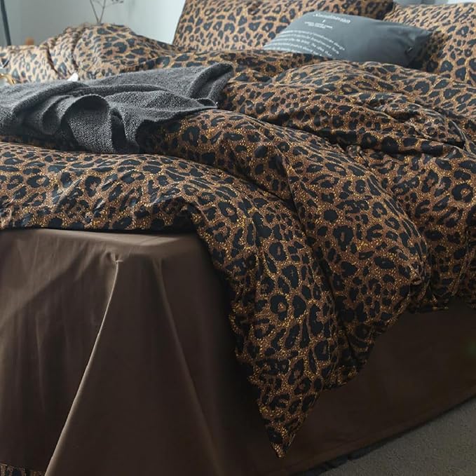 LifeTB Leopard Print Comforter Set Queen Size Animal Cheetah Printed Comforter Soft Fluffy Brown/Black Floral Bedding Comforter with 2 Pillowcases Farmhouse Leopard Pattern Queen Size Comforter Set
