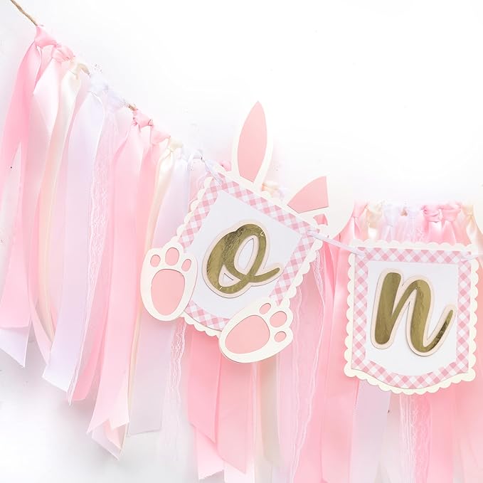 Pink Bunny One High Chair Banner - Some Bunny Is One Banner, Easter Bunny 1st Birthday Highchair Banner, Bunny Princess 1st Birthday Decorations, Pink Ribbon High Chair Garland (Bunny Banner One)