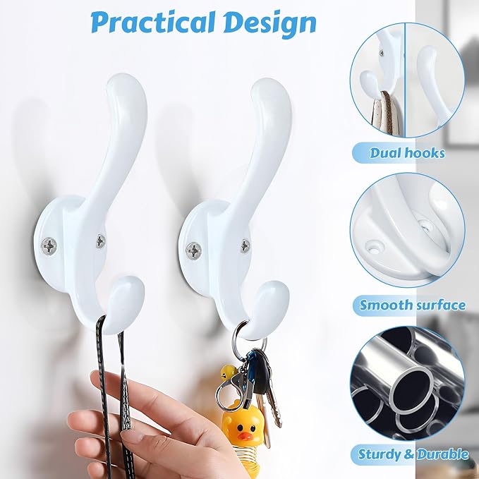 8 Pack Coat Hooks Wall Mount Heavy Duty Utility Retro Double Hooks for Hanging Coats,Hat, Towel, Key, Robe, Scarf, Bag, Cap (White)