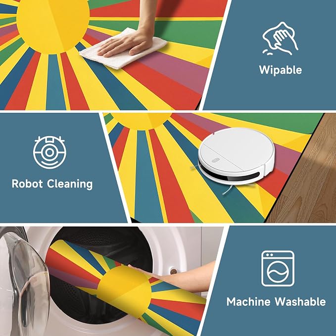 Rainbow Sunburst Area Rug Colorful Geometric Sun Carpet Soft Non-Slip Washable Floor Mat for Entryway Bedroom Living Room Nursery Playroom Classroom Home Decor,2'x3'