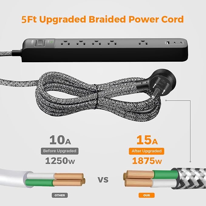 2 Pack Surge Protector Power Strip - USB C Power Strip, Flat Extension Cord with 5 Widely 3 USB (2 USB-C) Ports, Desktop Charging Station for Home Office College Dorm Room Essentials