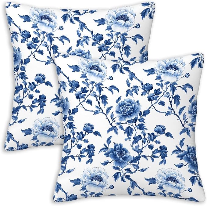 Chinoiserie Floral Throw Pillow Cover 18x18 Set of 2, Cushion Case for Couch, Sofa and Living Room, Vintage Flower Pillow Cases for Home Decor