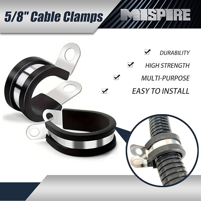 MISPIRE 5/8 Inch Rubber Cable Clamps, 100 PCS, Stainless Steel, Black
