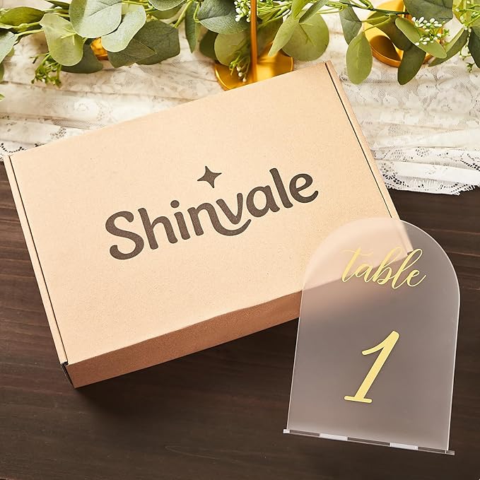 SHINVALE Arch Acrylic Wedding Table Numbers with Gold Foil Font – Frosted Finish, Elegant Modern Design with Stands, Easy Assembly Table Signs for Weddings, Parties & Events (20, 5" x 7")