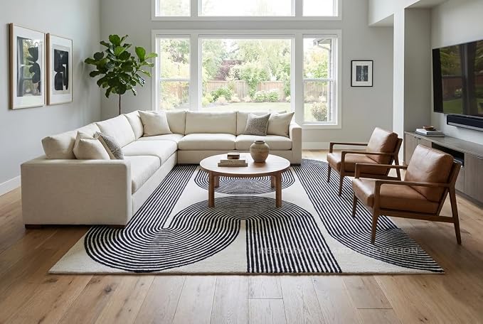 Modern Handmade Wool Area Rug, Abstract Curved Line Geometric Carpet for Living Room Bedroom, Contemporary Tufted Indoor Rug with Soft Pile and Cotton Backing (Ink, 5' x 8')
