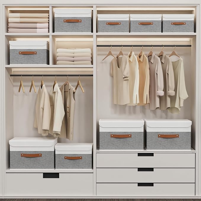 Yawinhe Storage Bins with Lids, Fabric Foldable Boxes, Washable and Leather Handle, Cube Organizer Basket for Home, Closet, White/Grey, 17.7''Lx11.8''Wx11.8''H, 1-Pack, USNK024WGX-1