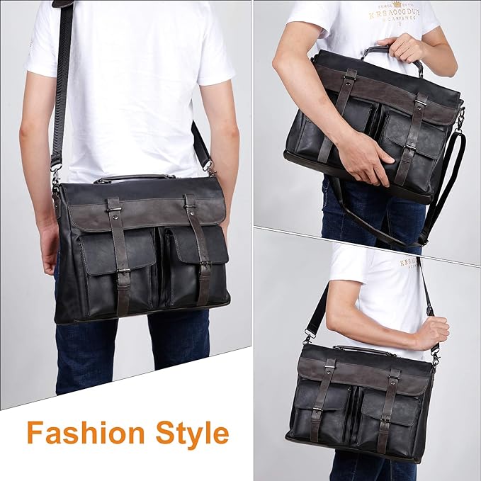 seyfocnia Men's Vintage Black 17.3 Inch Water Resistant PU Leather Laptop Bag, Messenger Bag, Satchel, Briefcase