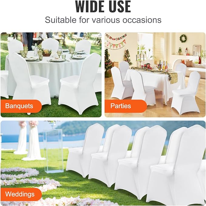 VEVOR 200 Pcs Flat-Front Chair Covers Polyester Spandex Chair Cover Stretch Slipcovers, Wedding, Holiday, Banquet, Party, Celebration, Dining, White