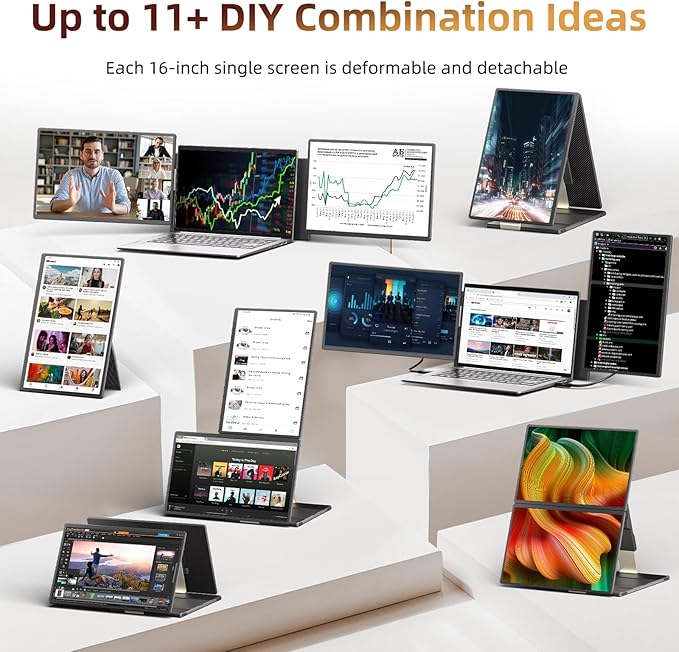 Laptop Screen Extender 2.5K Monitor - 16" Triple Portable Monitor 2560x1600P QHD 100% sRGB IPS 235° Rotation Detachable Screen Design Extra Compatible with Mac Wins Dex Chrome Fits 13"-17" Laptops