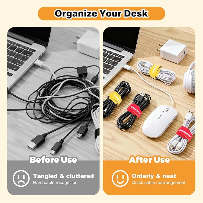 70 Pack Multi-Color Cable Ties 6 Inch with Writable Labels, Reusable Cord Organizer Straps, Hook & Loop Wire Management for Identifying Electronics, Charging Cables, Home Office & PC