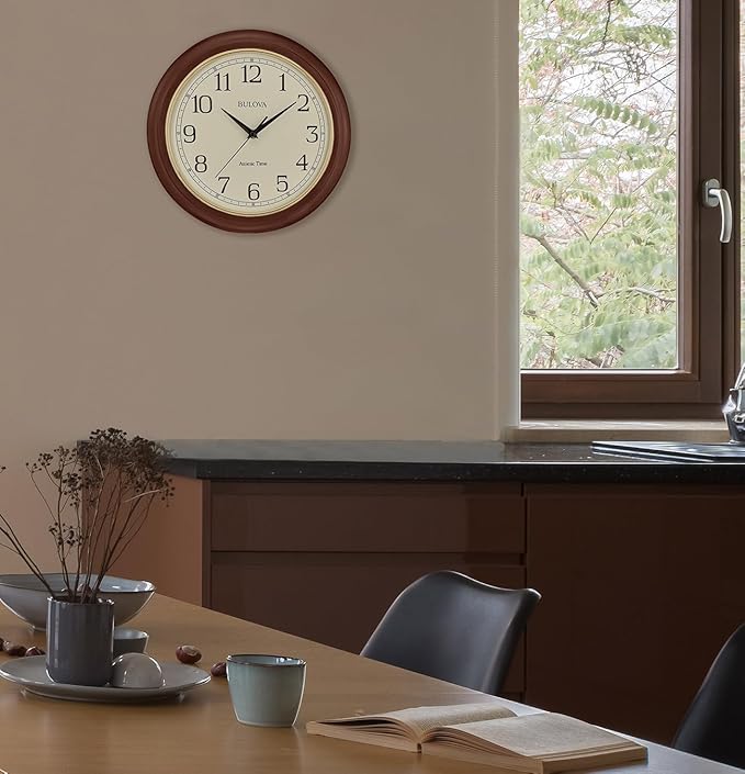Bulova Atomic Time 2 Analog Wall Clock C5004 | 12.4" Wooden Frame, Sets Time Automatically | Quartz Movement | Battery Operated | Classic Design