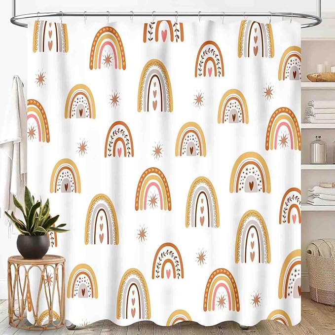 Rainbow Shower Curtain, Boho Pastel Cute Cartoon Aesthetic Bohemian Art Printed Beige for Kids Girls Baby Waterproof Fabric Bathroom Shower Curtain Set with Hooks, 72"x78" Inch