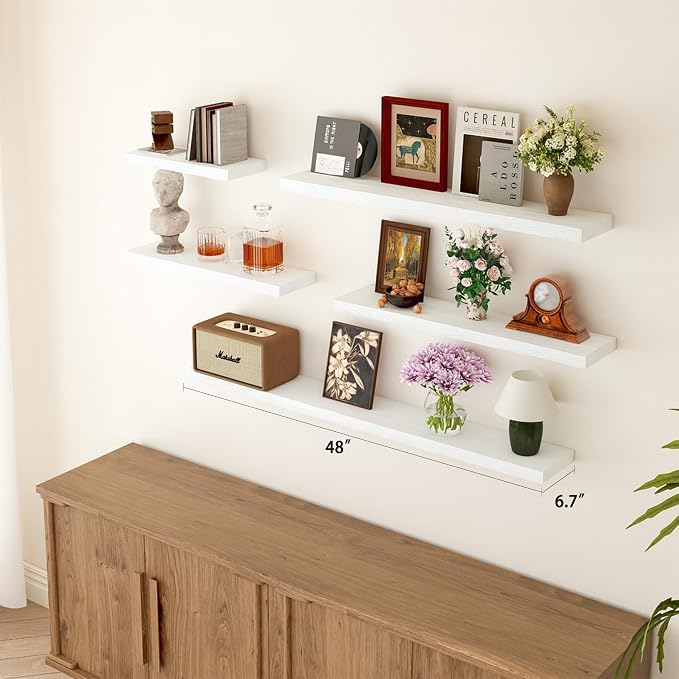 BGMG Floating Shelves for Wall 48 Inch Long, Rustic Solid Wooden Deep Wall Shelves for Bathroom Living Room Bedroom Kitchen Farmhouse Set of 2-48x6.7x1.25 Inch - White
