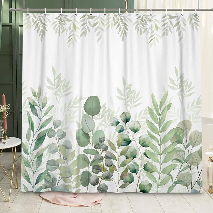 Green Eucalyptus Extra Long Shower Curtain, Leaf Plant Herbs Spring Nature Waterproof Fabric Machine Washable with Hooks for Bathroom Bathtub Decor 72Wx84H