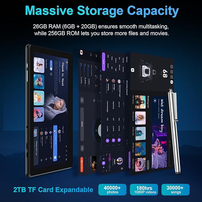 JJGJ 2026 Android 15 Tablet with Keyboard, 26GB+256GB, 2TB Expand, 10 Inch Tablet with Octa-Core, 8000mAh, 5G WiFi, BT5.0, Widevine L1, Gemini AI, 2-in-1 Tablets with Case, Mouse, Stylus(Silver Case)