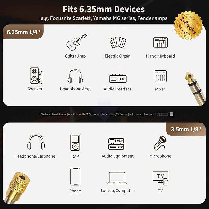 Nadadora 6.35mm (1/4 Inch) Male to 3.5mm (1/8 Inch) Female Stereo Audio Adapter, 1/4 to 1/8 Headphone Jack Converter for Guitar Amp, Mixer, Speaker, Earphones, AUX Cable 2 Pack