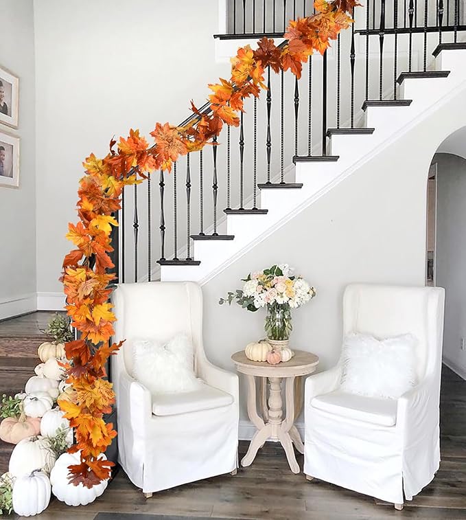 DearHouse 6 Pack Fall Garland Maple Leaf Clearance, 5.9Ft/Piece Hanging Vine Artificial Autumn Garland Thanksgiving Decor for Home Wedding Fireplace Party Christmas (Orange)