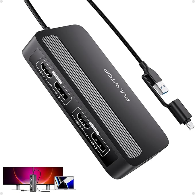 PULWTOP Dual DisplayLink Docking Station, USB C Docking Station Dual 4K@60Hz Display for MacBook M1/M2/M3/Windows, Universal Laptop DockingStation, DisplayPort or HDMI, 2 USB A 2.0, Ethernet