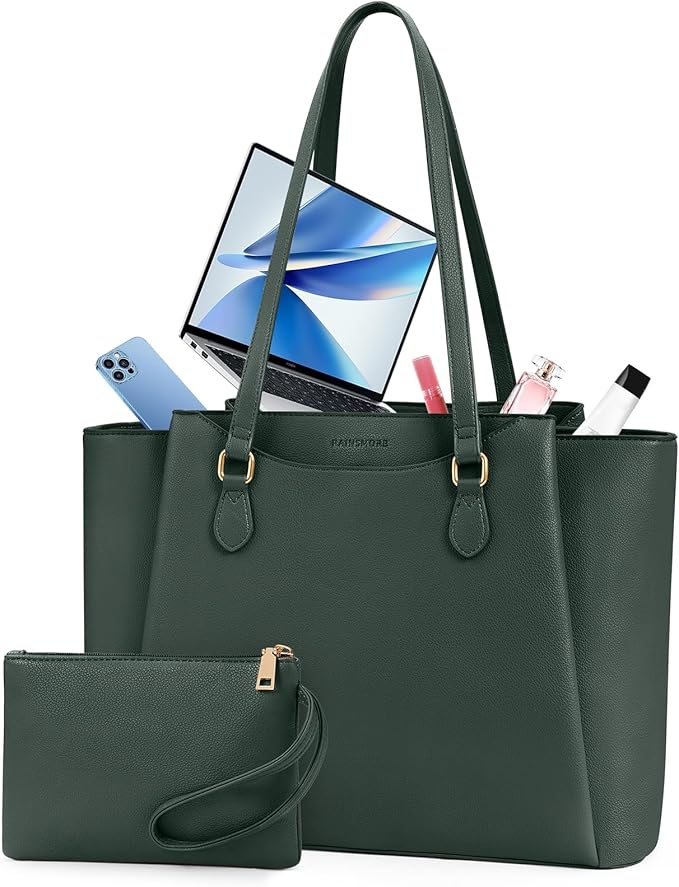 RAINSMORE Laptop Bag for Women 15.6 Inch Work Tote Bags Waterproof Computer Bags Leather Professional Laptop Purse Womens Laptop Briefcase Large Handbag for Office Teacher Travel, Green