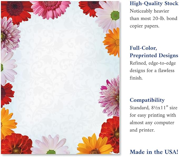 Current Daisy Floral Letter Paper - Spring Stationery Papers With Decorative Daisy Border, Printable Holiday, Wedding & Bridal Shower, & Invitation Sheets, Set of 25, 8 1/2" x 11"