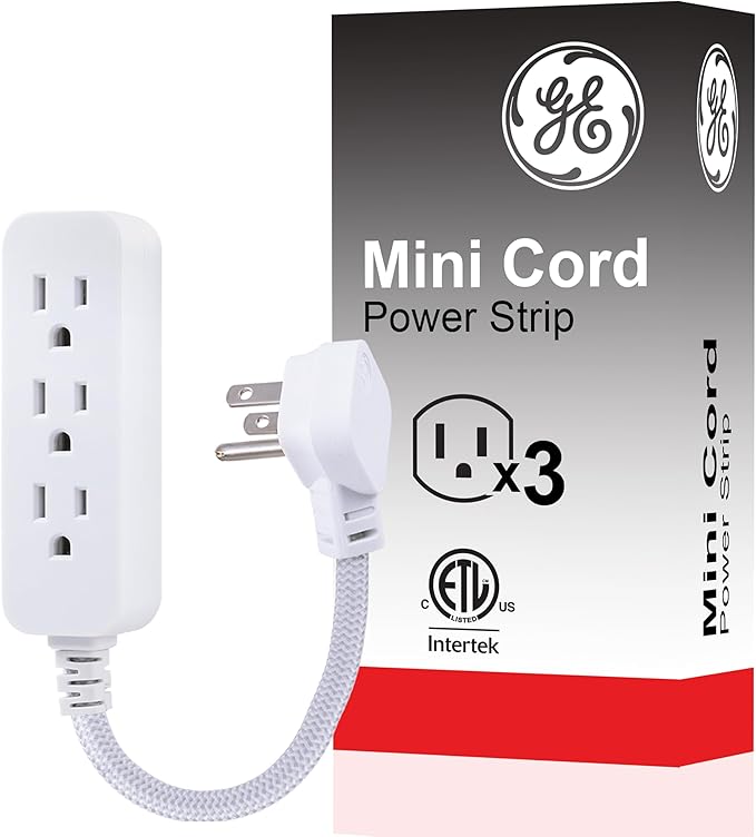 GE 3-Outlet Power Strip Surge Protector 5 Inch Braided Extension Cord with Multiple Outlets Grounded Flat Plug ETL Listed White 45190