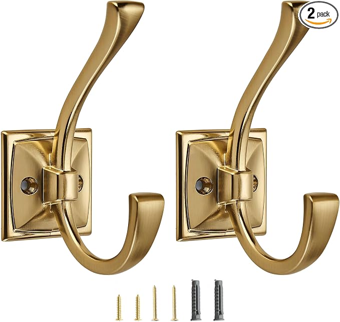 2 Pack Decorative Heavy Duty Towel Hooks for Hanging Robe Double Brushed Brass Coat Hooks Wall Mounted with Screws for Key, Towel, Bags, Cup, Hat