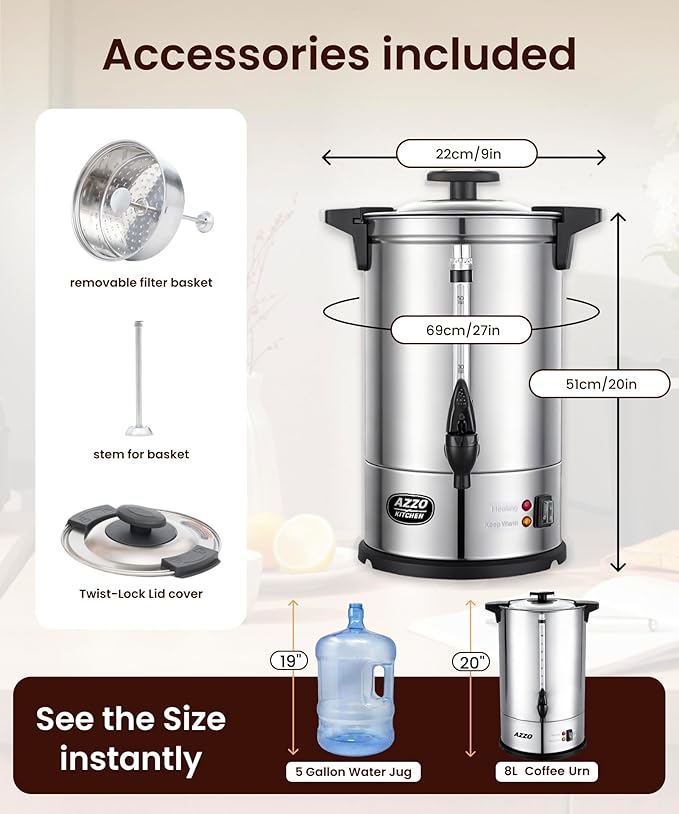 Commercial Coffee Maker 50-Cup Large Coffee Urn with Percolator Coffee Pot Electric 8L Stainless Steel Fast Brew Hot Water Dispenser for Tea Catering Events Home Office Easy Cleaning