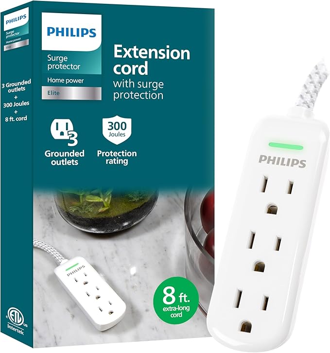 Philips 8 Ft Indoor Extension Cord with Surge Protection, 3-Outlet, Flat Plug, 300 Joules, UL Listed, White, SPP3433BB/37
